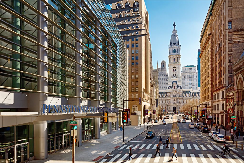 the Pennsylvania Convention Center and city hall in Philadelphia