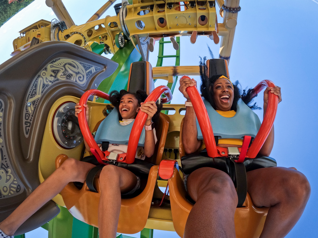 two young women enjoying a thrill ride at a theme park