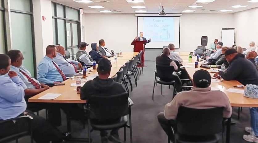 Trans-Bridge Lines President Tom JeBran gives his ‘State of the Company’ address to drivers in New York City's Port Authority Bus Terminal.